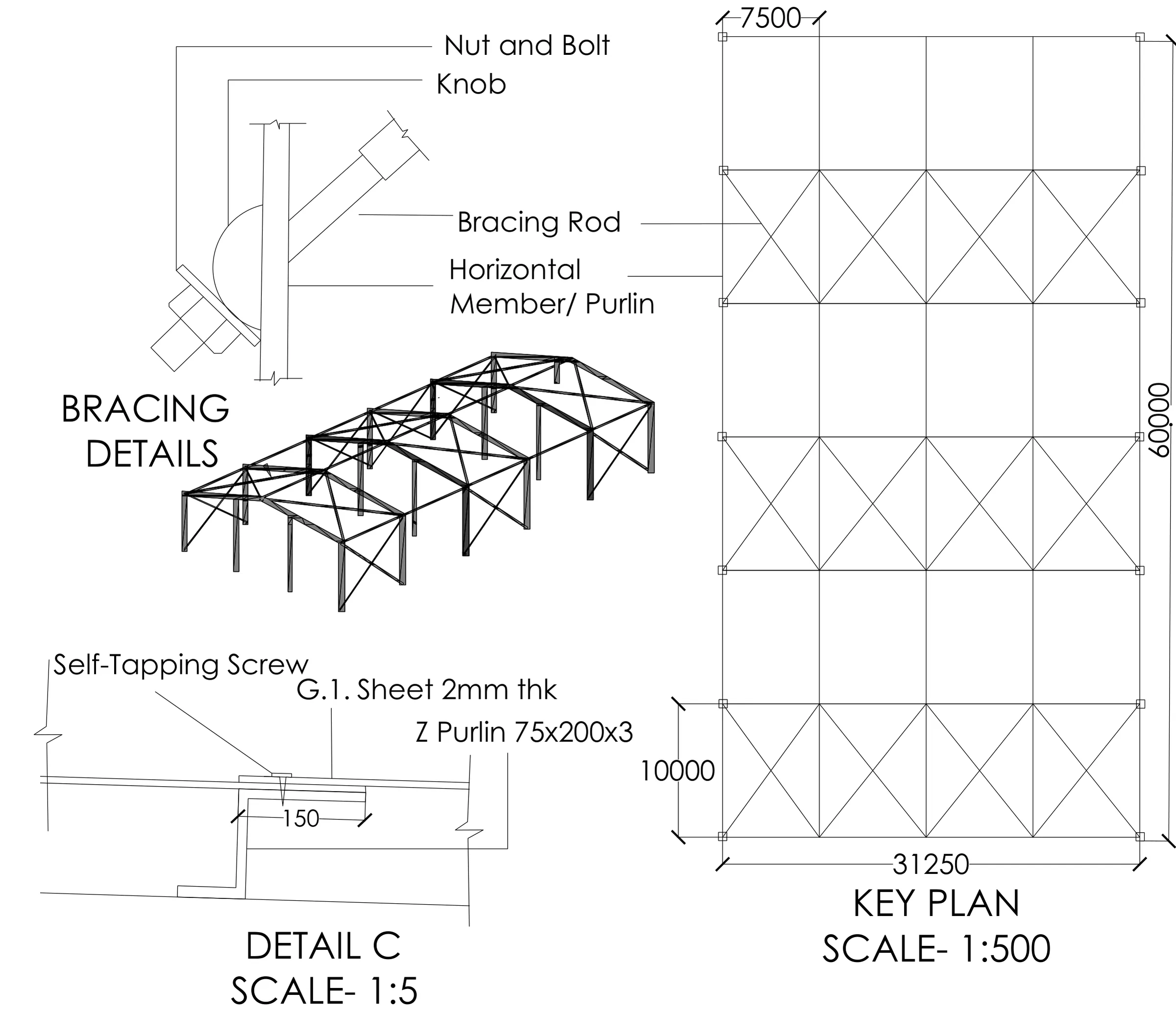 PEB bracing details and frame model, roof sheeting fixing (detail C, 1:5) and the 31.25 x 60 m key plan with cross bracing (1:500).