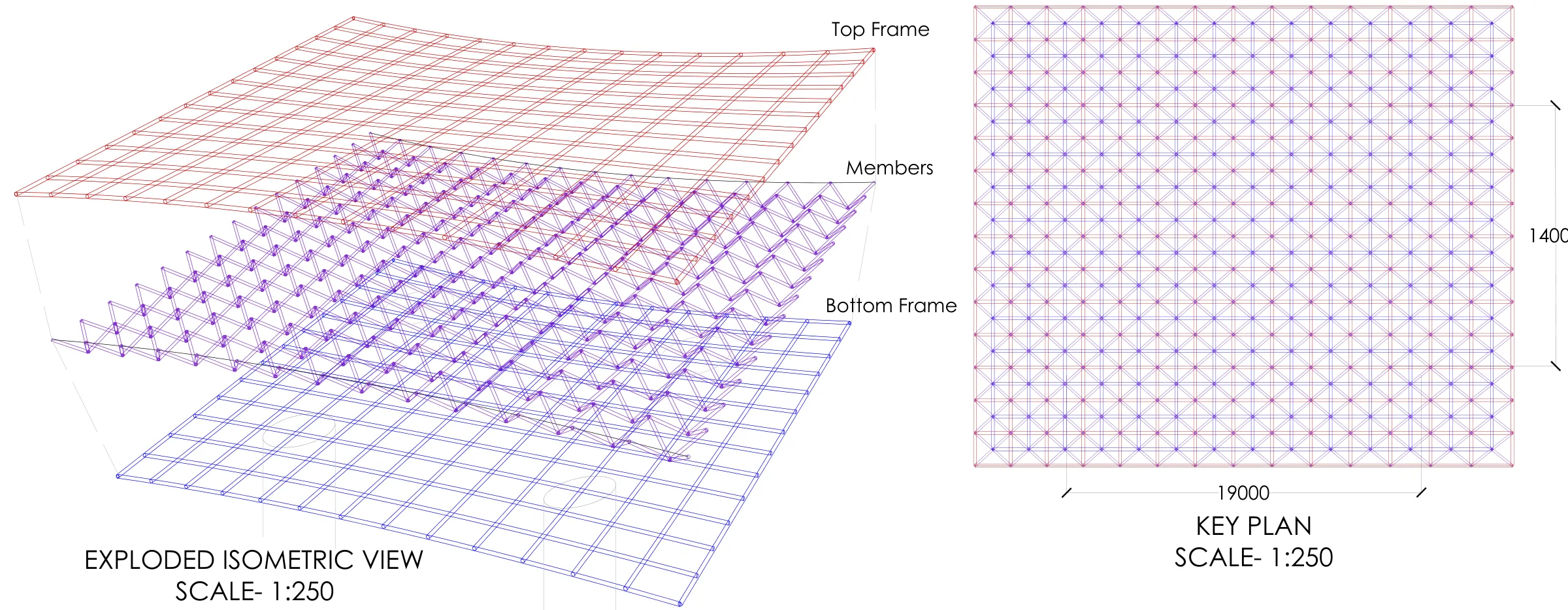 Space frame, exploded isometric (1:250): top frame, diagonal members and bottom frame, beside the 19 x 14 m key plan.