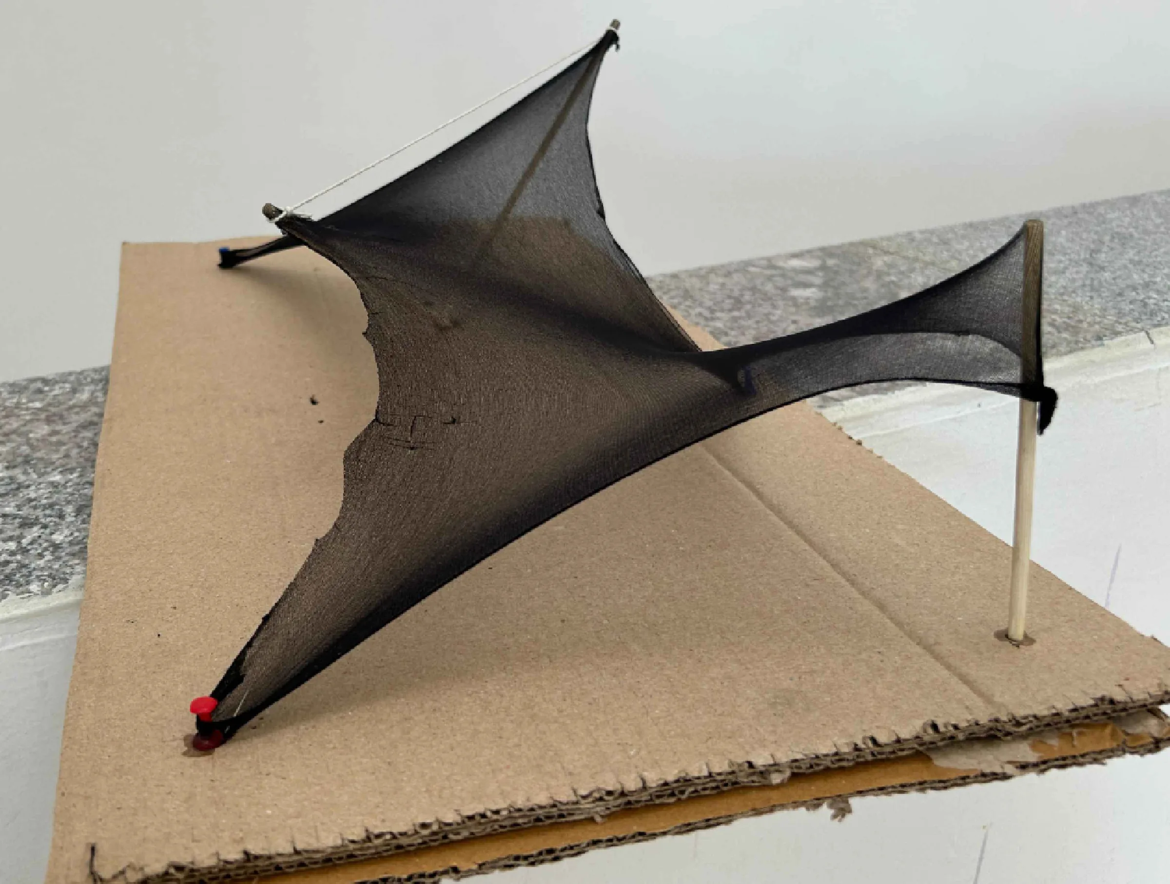 Tensile membrane model: dark stretch fabric pulled between two masts and anchored to a card base.