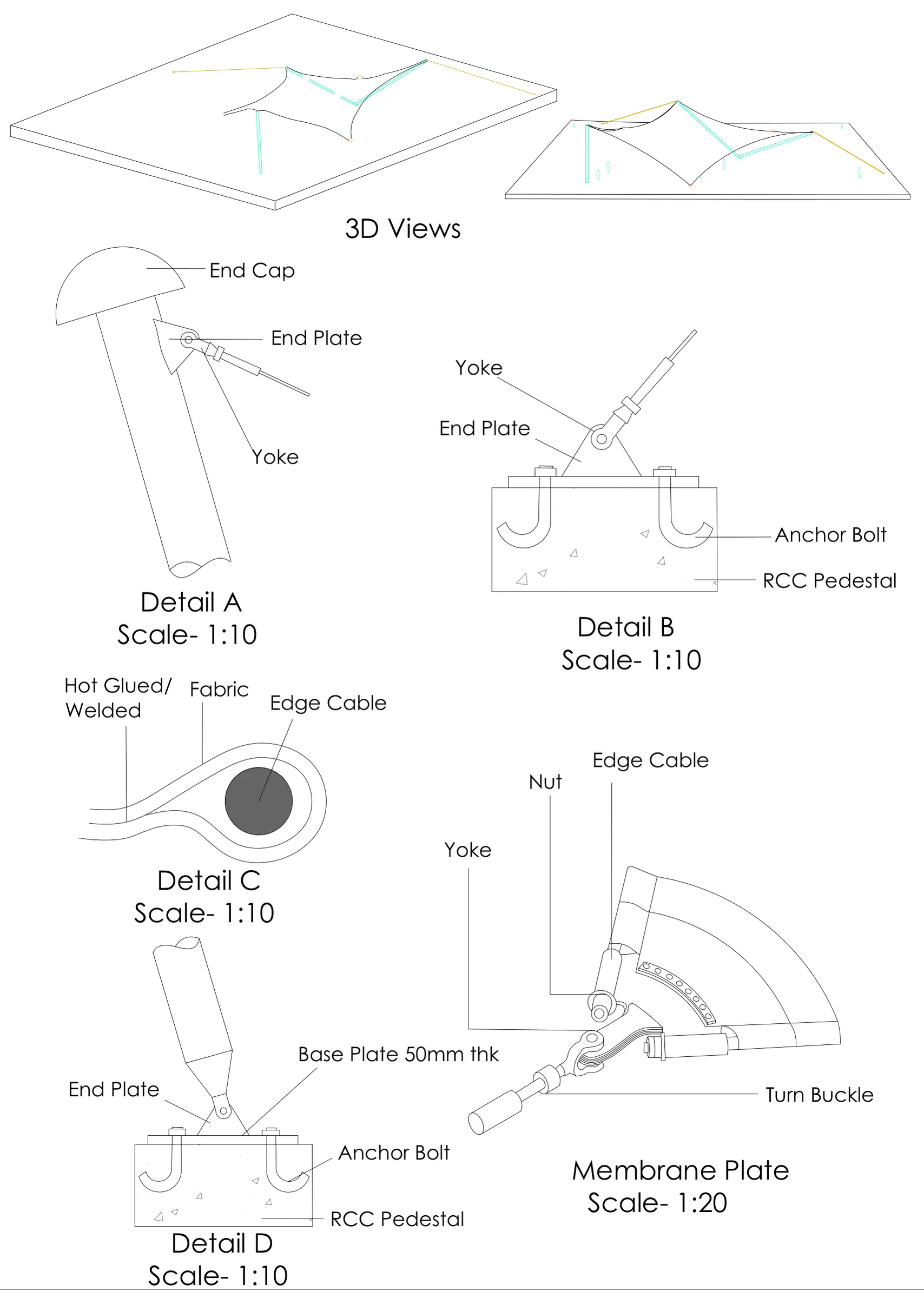 Tensile structure 3D views and details at 1:10: mast end cap and yoke, anchor bolts in RCC pedestals, edge cable pocket, and the membrane plate with turnbuckle (1:20).