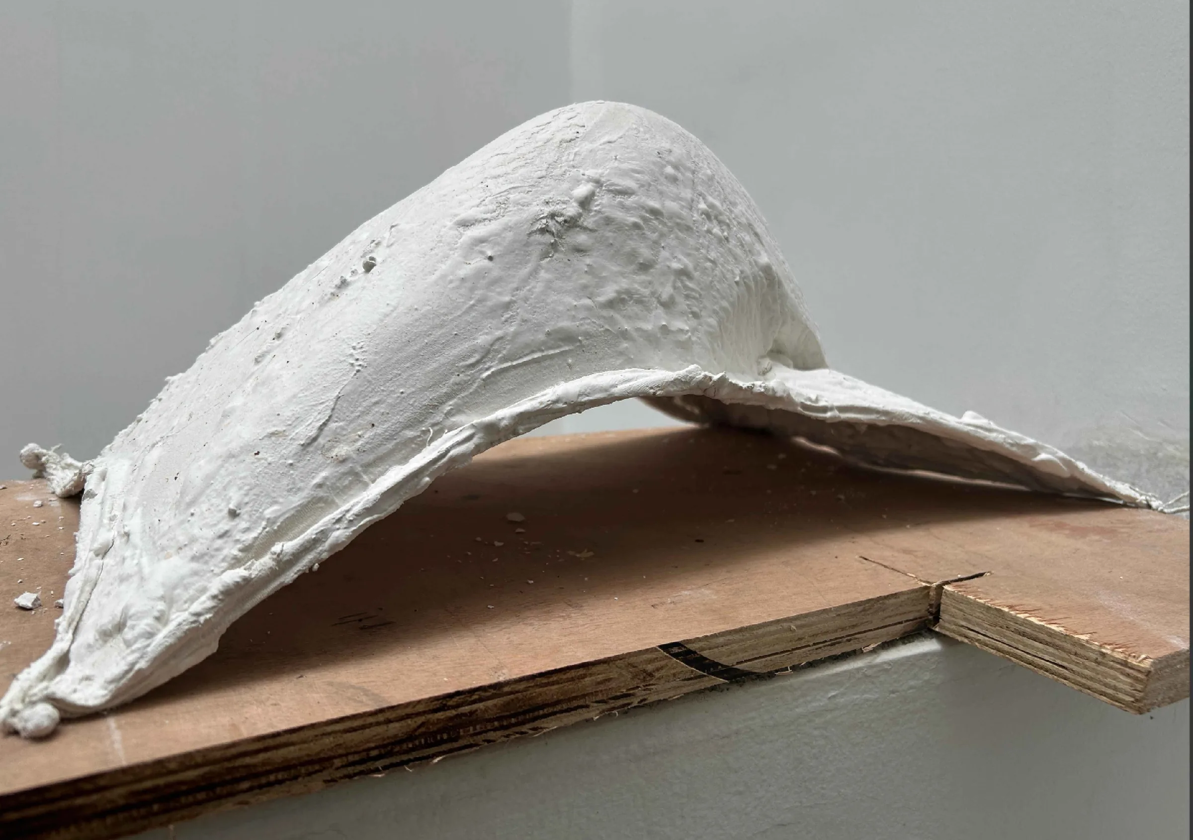 Thin shell model in plaster on a plywood base, a single curved surface rising from two low supports.