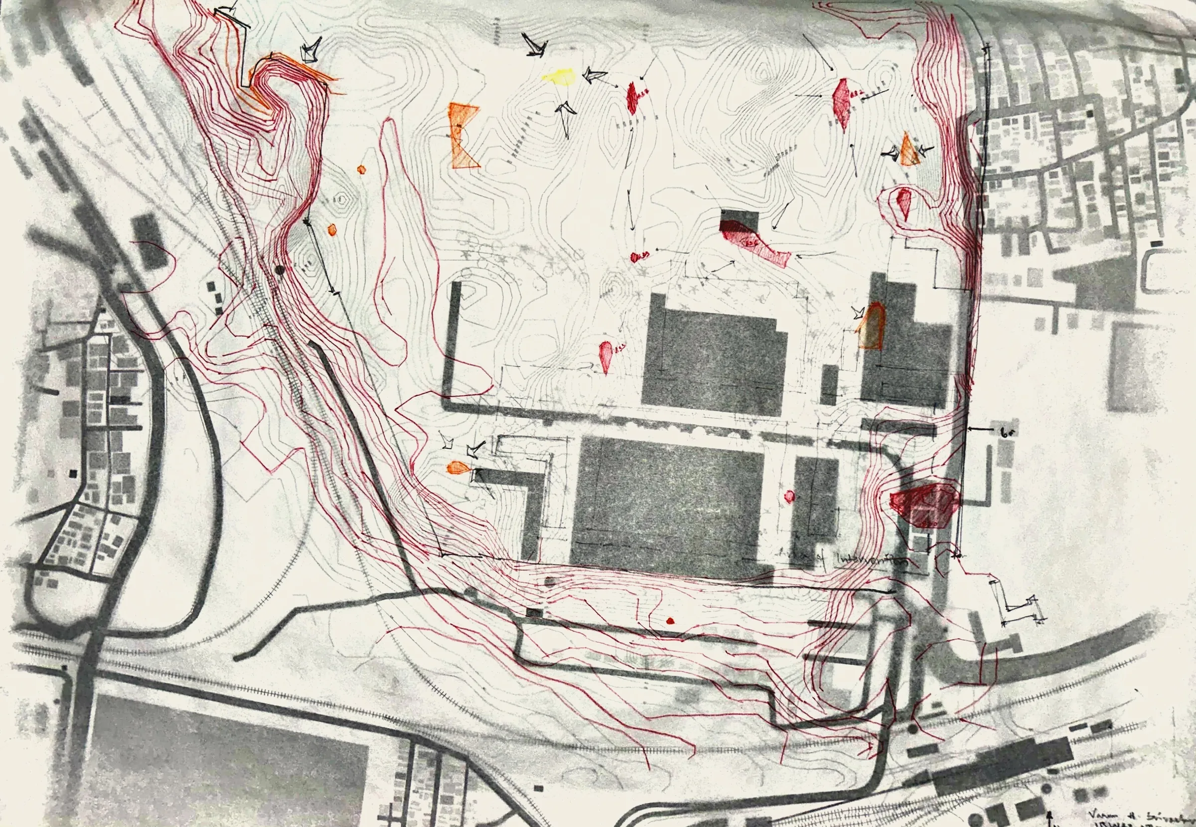 Butter paper traced over the printed aerial of the NGEF ground: red contour lines along the railway cutting and the eastern edge, viewpoint arrows, the old factory sheds in grey underneath.
