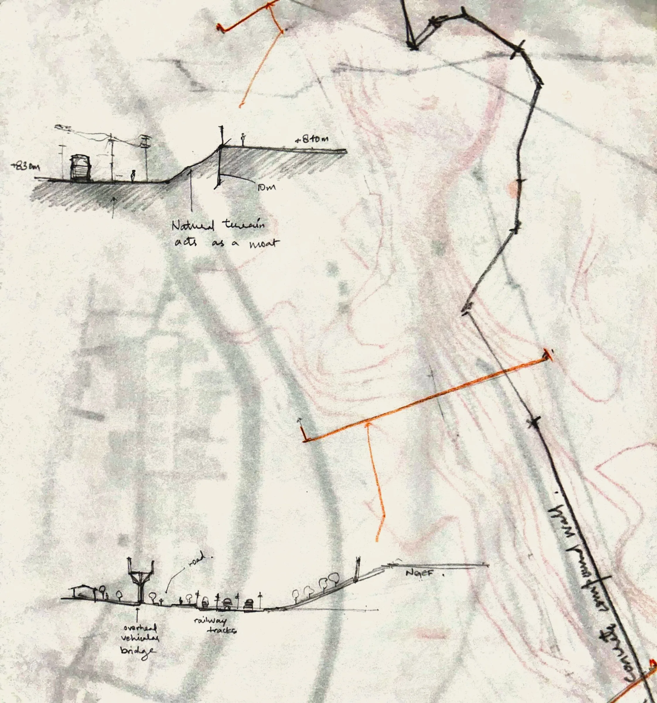 Butter-paper site sections along the western edge: the natural terrain drop that acts as a moat, the railway tracks and the overhead vehicular bridge.
