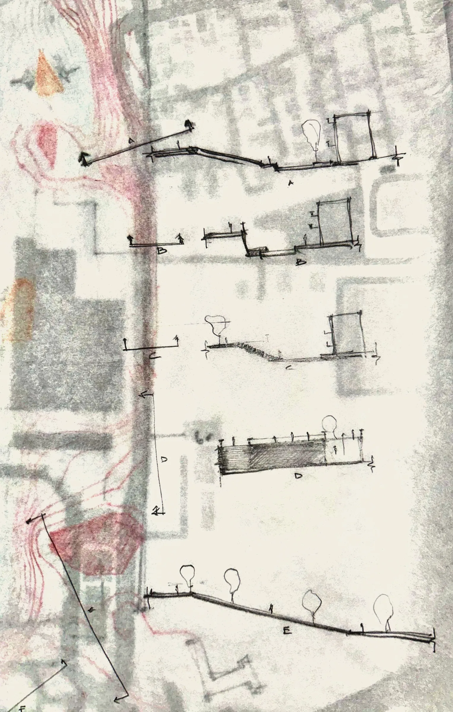Stacked butter-paper edge sections A to E along the site boundary, drawn over the printed base map.
