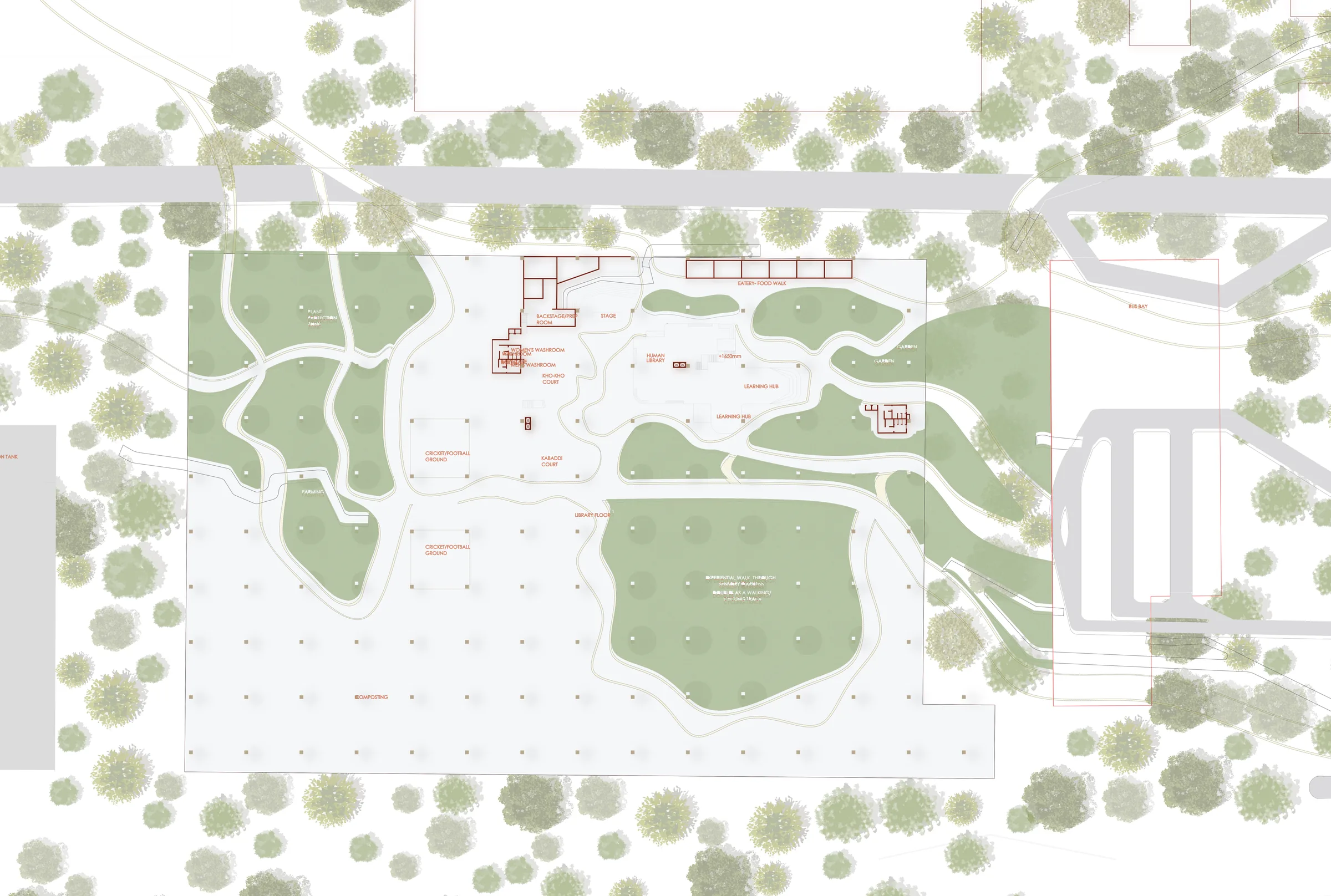 Rendered master plan: the factory plinth under a column grid, green patches cut into it, ringed by existing trees.