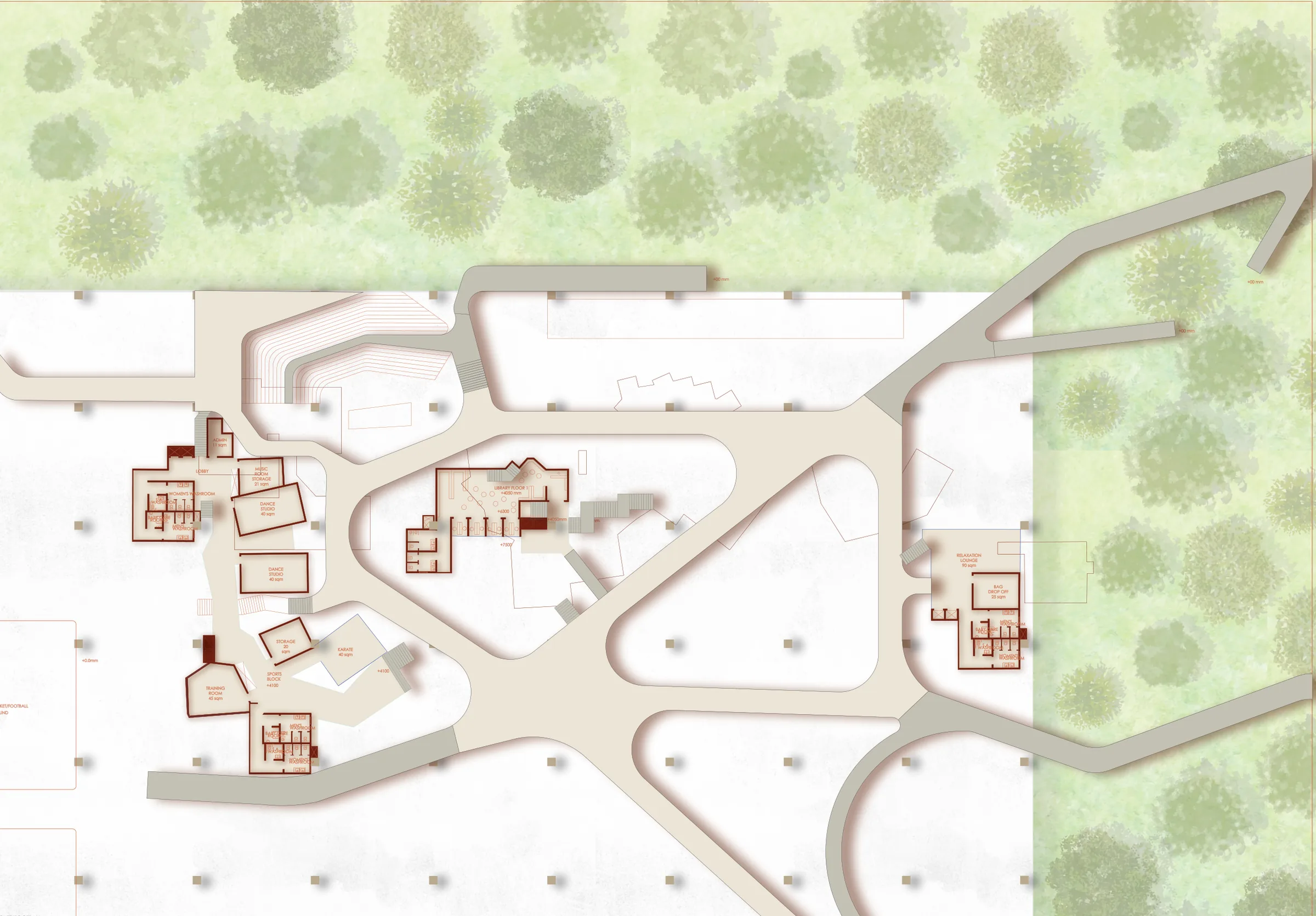 Plan at +4500: the raised web of walkways and ramps linking the sports, dance and library blocks, with the tree belt to the north and east.