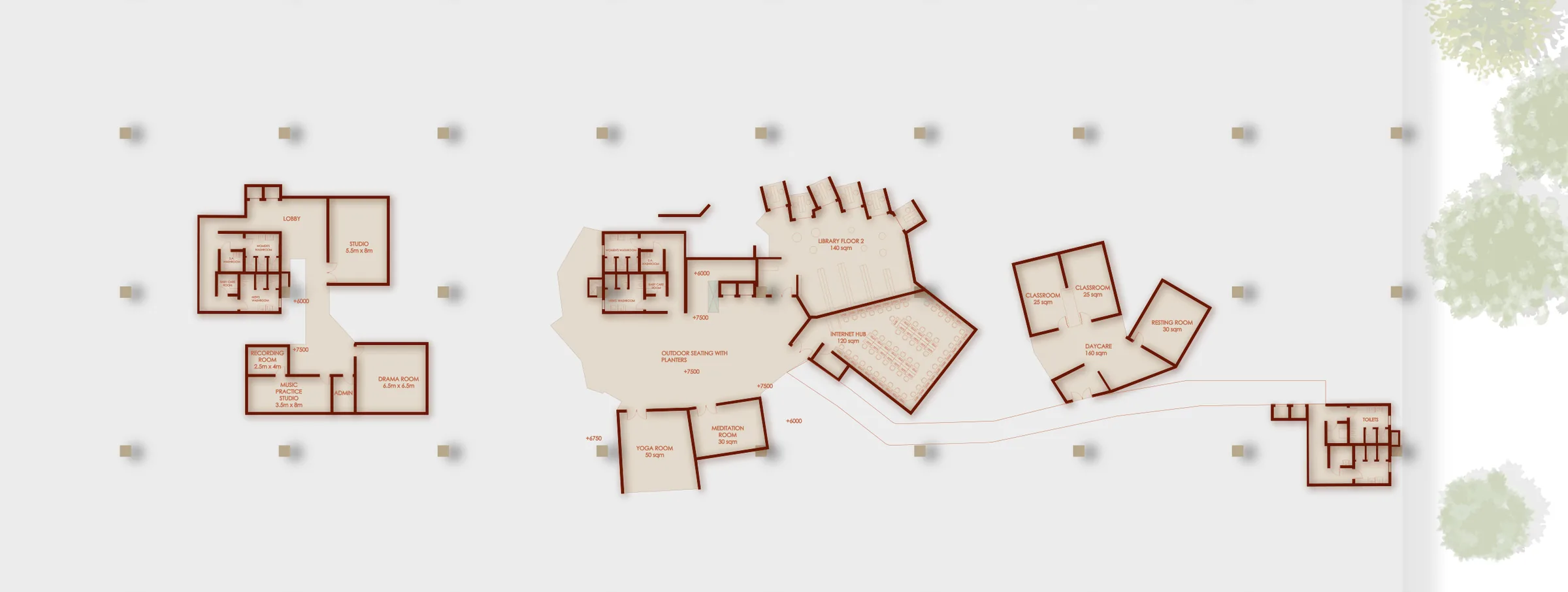 Plan at the upper levels (+6000 to +7500): studios, library floor 2, daycare and internet hub as separate brick-red pavilions on the column grid.