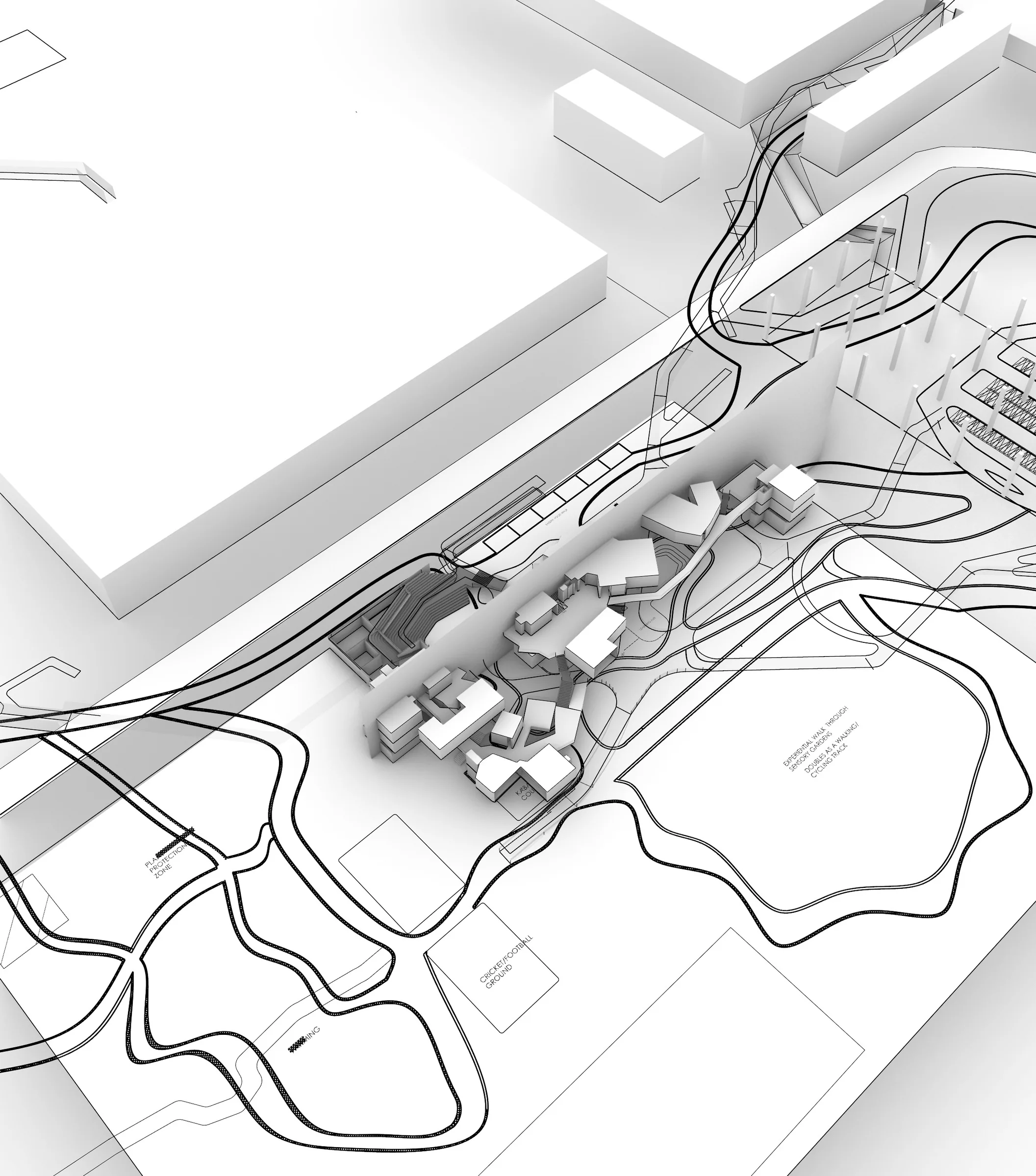 White model aerial of the site: the raised walkway web threading between the factory sheds and the clustered blocks, landscape contours on the ground.