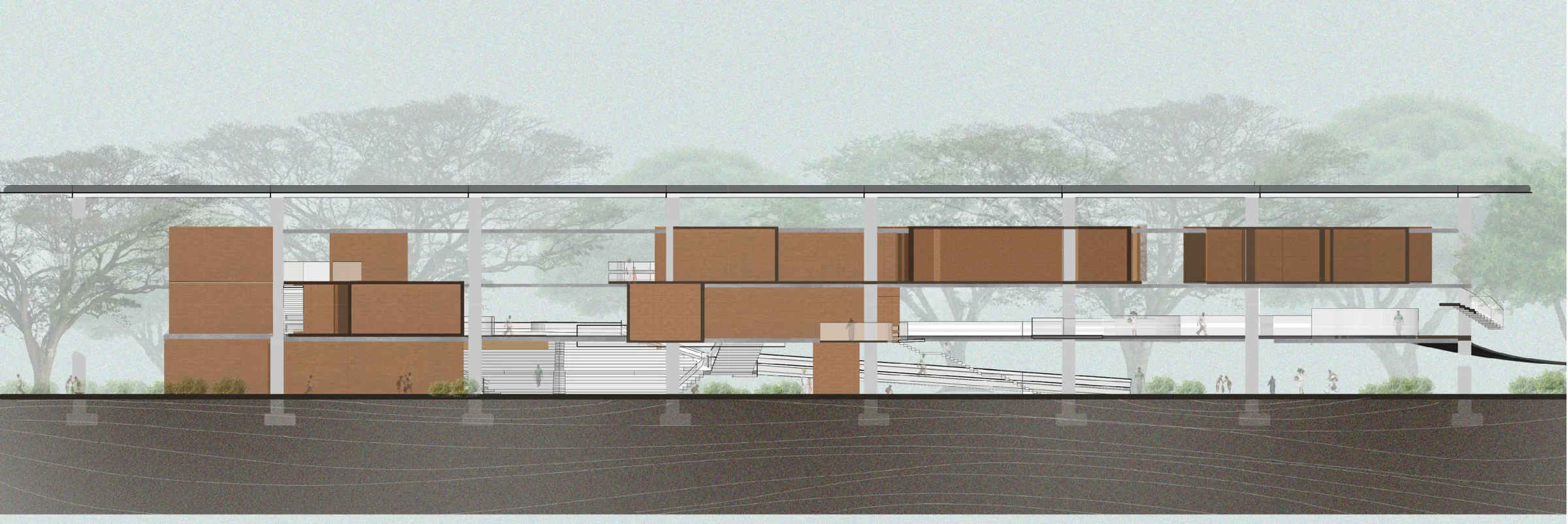 Long section: brick-red boxes hung between 15 m columns under a thin roof, ramps and stairs dropping to an open ground floor, misty rain trees behind.