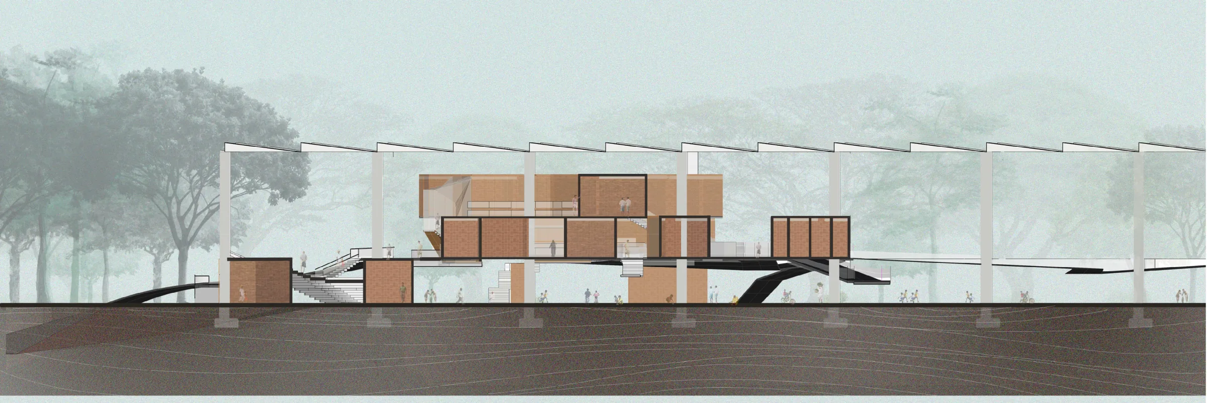 Section through the central blocks: stacked rooms on a raised slab, a dark steel ramp touching down, people moving freely on the plinth below.