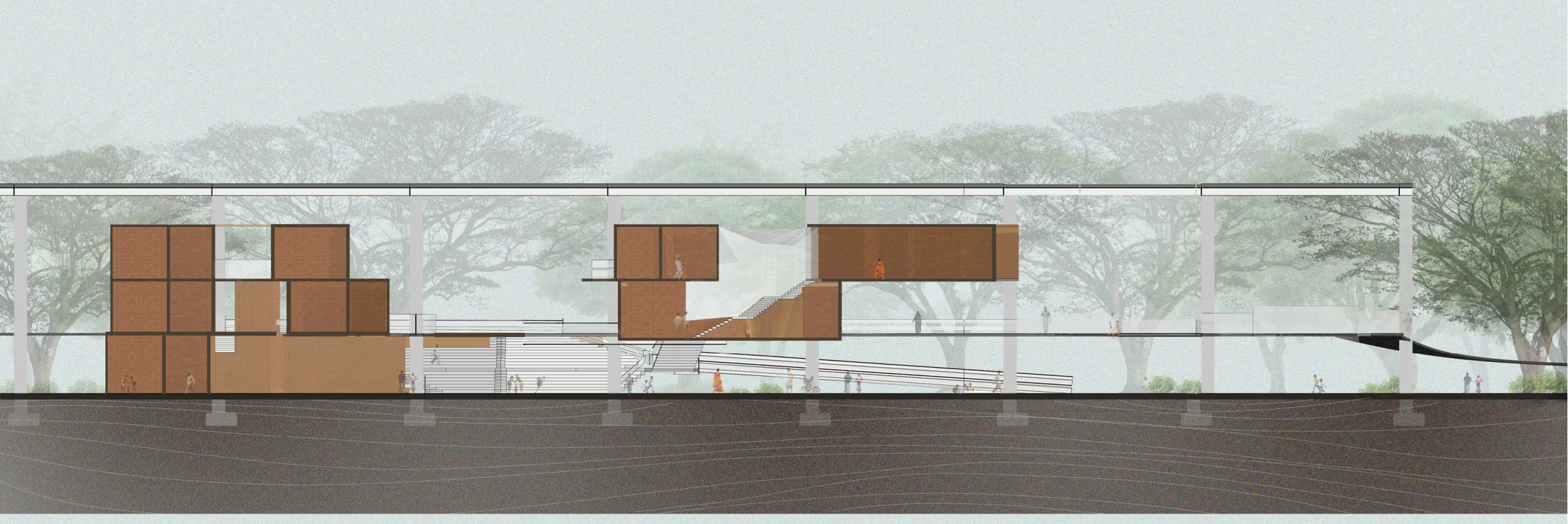 Section through the performance and library blocks: a stepped seating ramp under suspended rooms, the ground left open.