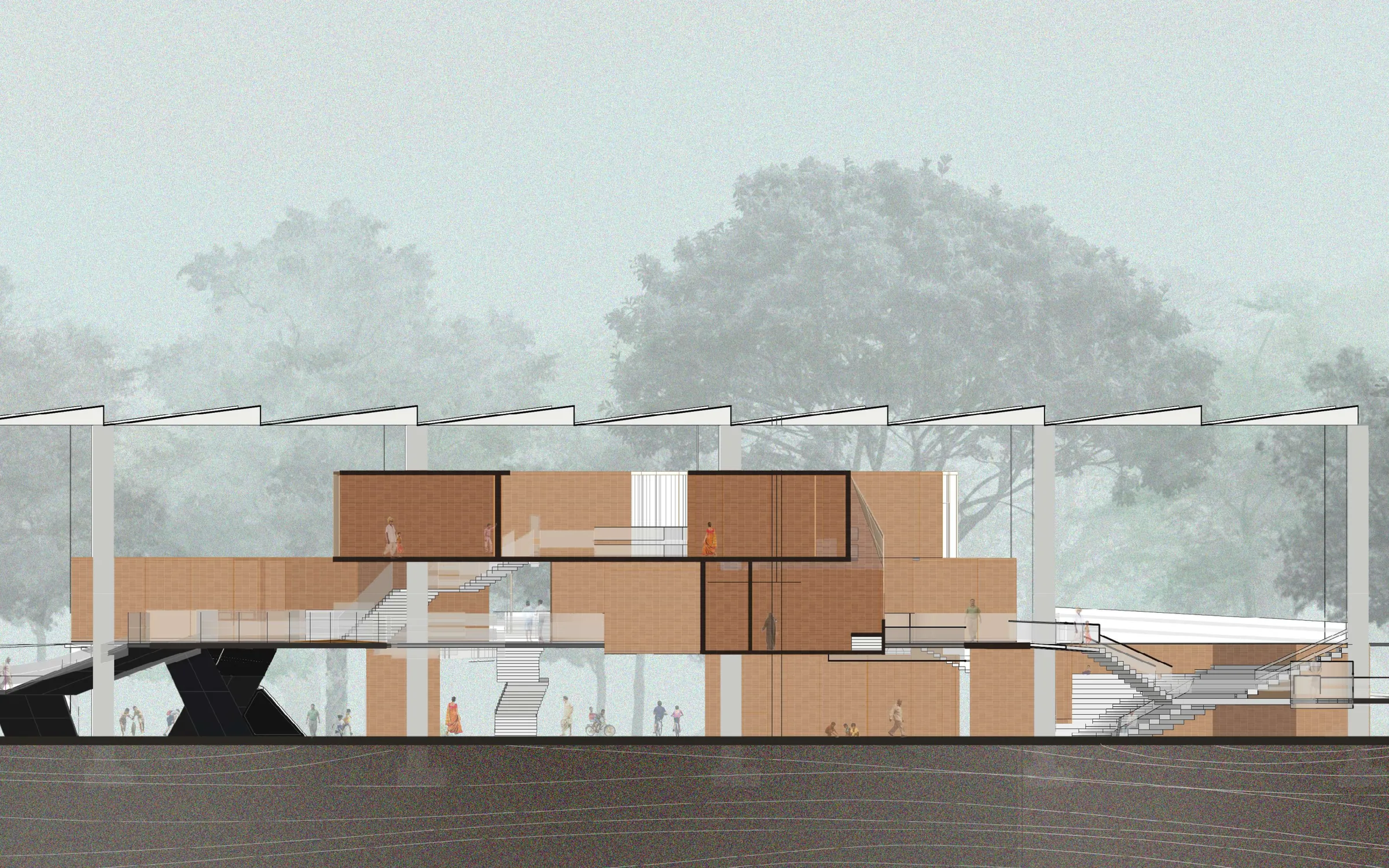 Section through the raised hub: brick-red rooms hung between tall columns under a sawtooth roof, people on the open ground below, misty trees behind.