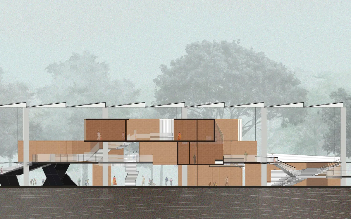 Section through the raised hub: brick-red rooms hung between tall columns under a sawtooth roof, people on the open ground below, misty trees behind.