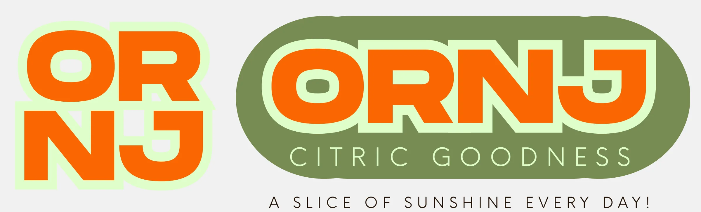 Logo set: stacked OR/NJ monogram, ORNJ 'Citric Goodness' pill and the tagline 'A slice of sunshine every day!'