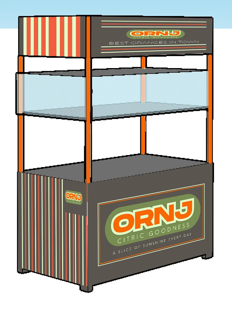 The rebranded 2 m x 1 m cart: SketchUp model with orange posts, striped canopy, glass display shelf and the ORNJ counter panel