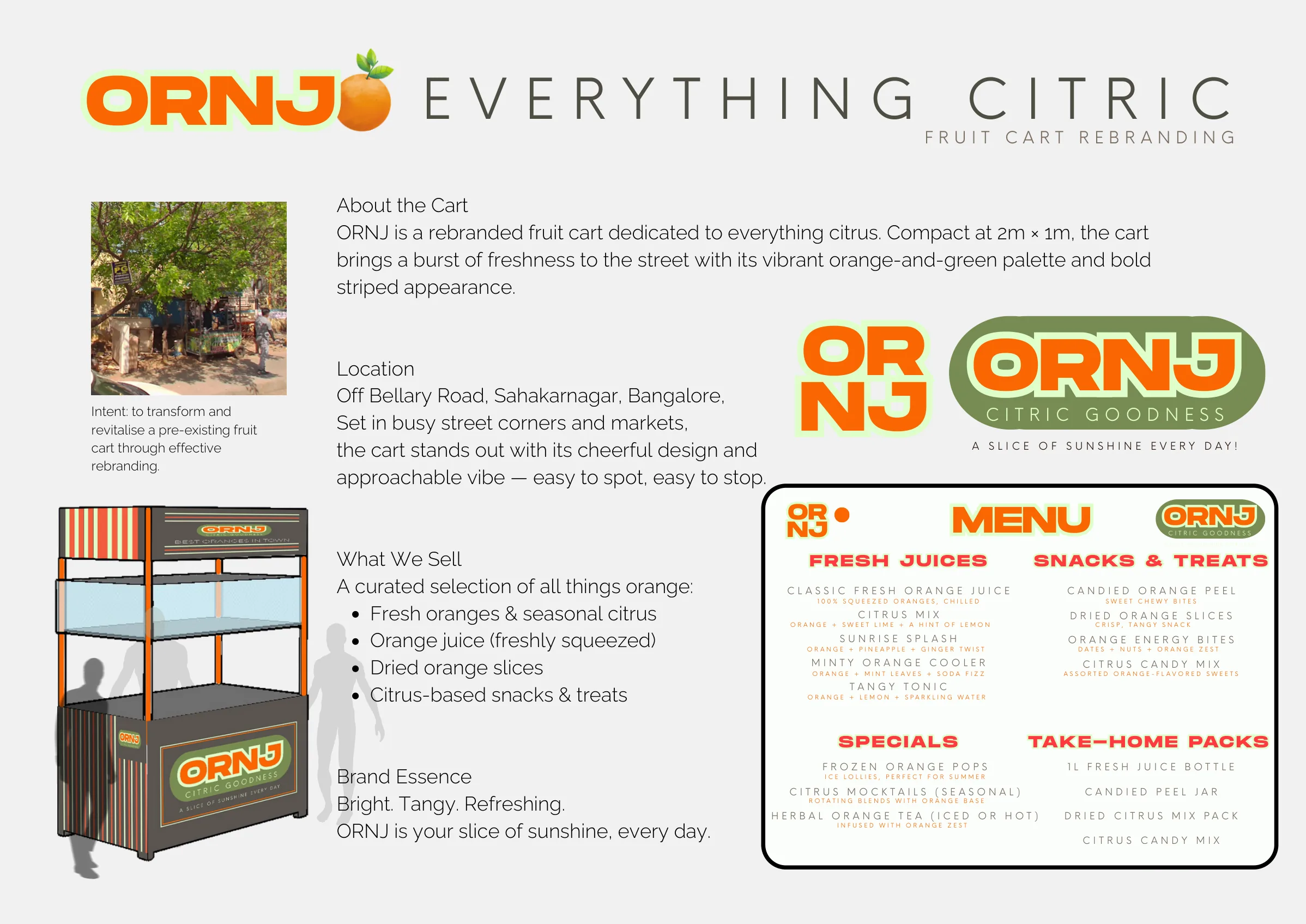 The presentation board: brand name, the cart, the brief (about, location, what we sell, brand essence), logos and menu.