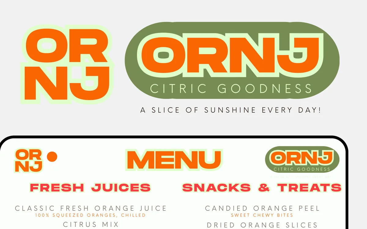 ORNJ brand marks in bold orange: the stacked OR/NJ monogram and the ORNJ 'Citric Goodness' pill logo on olive green, above the top of the menu card