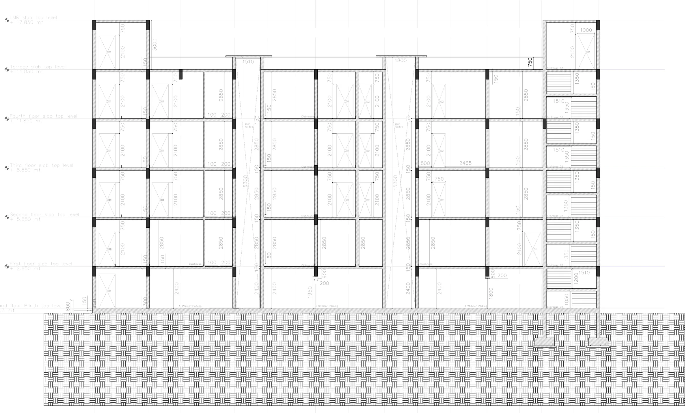 Section AA at 1:100 through the G+4 housing block: column grid, floor slabs at 3 m, the staircase core at the right and the hatched ground below the plinth.