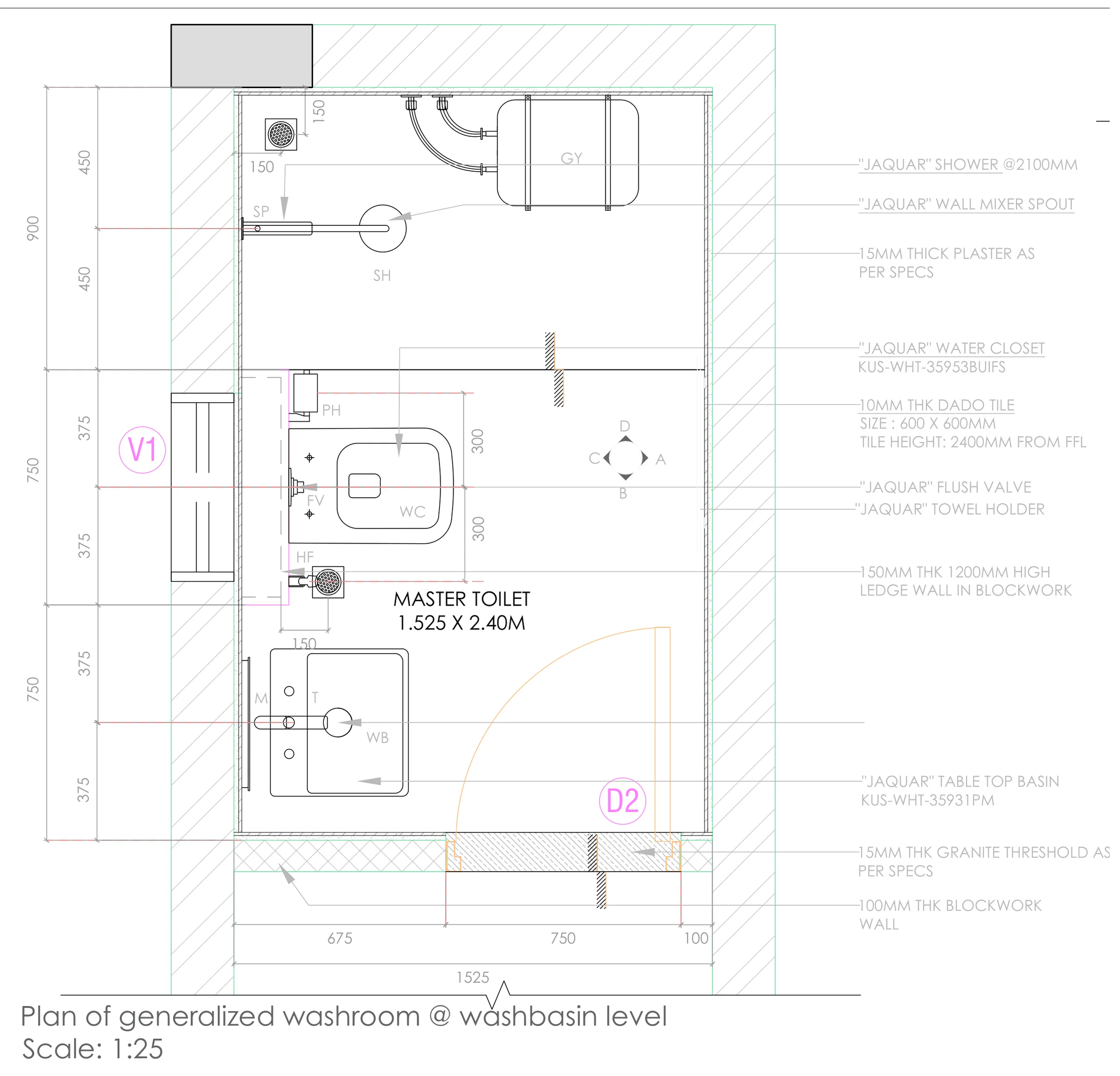 Master toilet (1.525 x 2.40 m) plan at washbasin level, 1:25: WC, basin, shower, geyser, 600 x 600 tile grid and fixture call-outs.