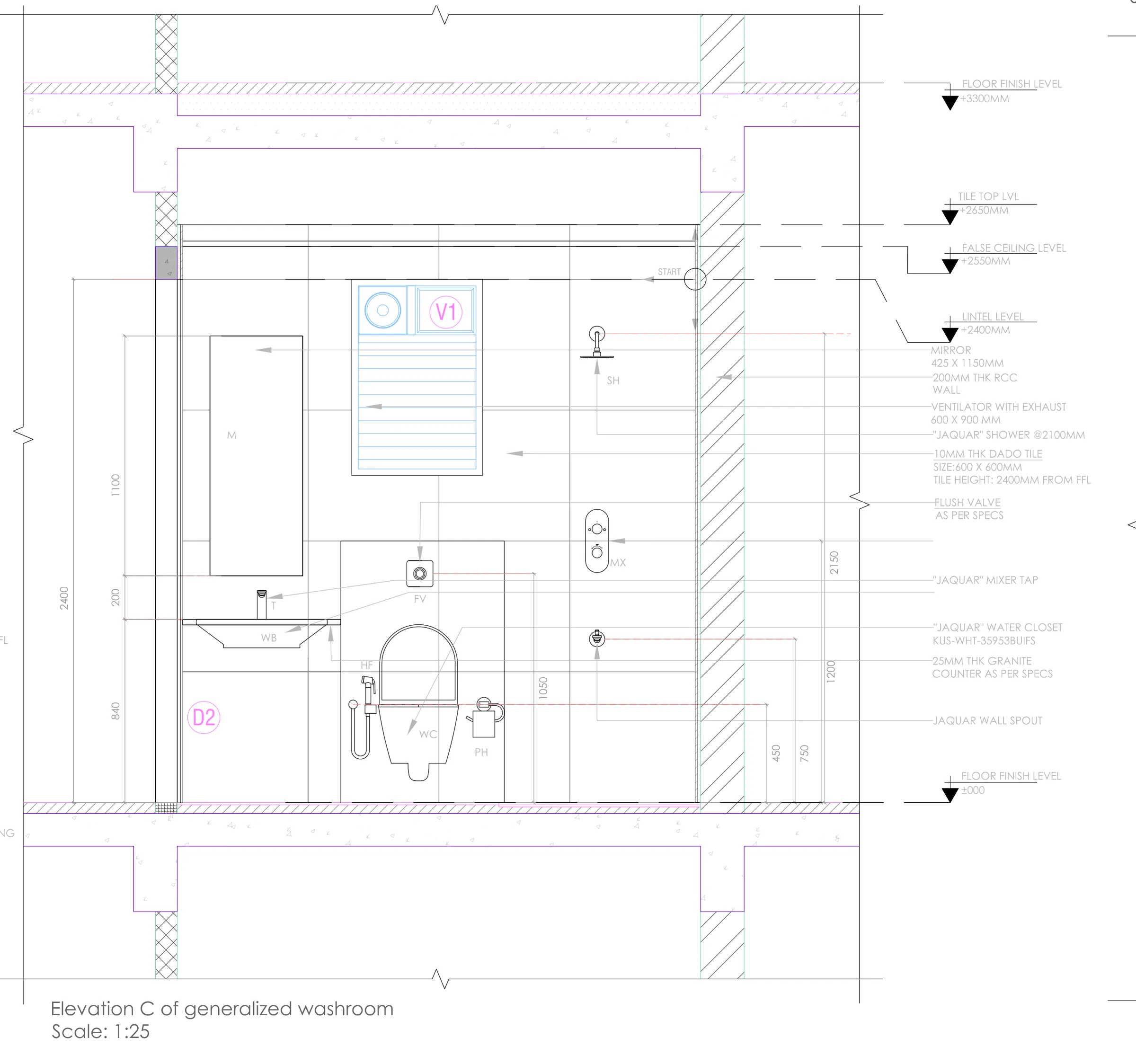Toilet elevation C at 1:25: wall-hung WC, basin counter, shower, ventilator V1, dado tile to 2400 mm, false ceiling and sunken slab.