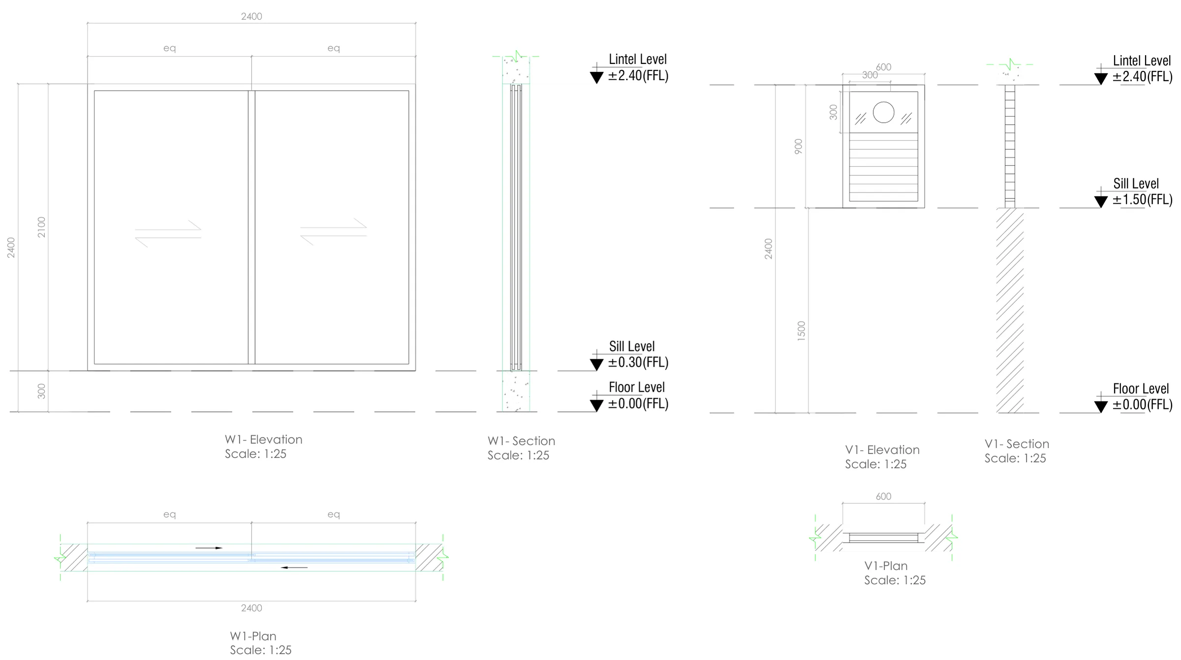 Window W1 (2400 mm UPVC sliding) and ventilator V1 (600 x 900 mm) in elevation, section and plan at 1:25, with lintel, sill and floor levels.