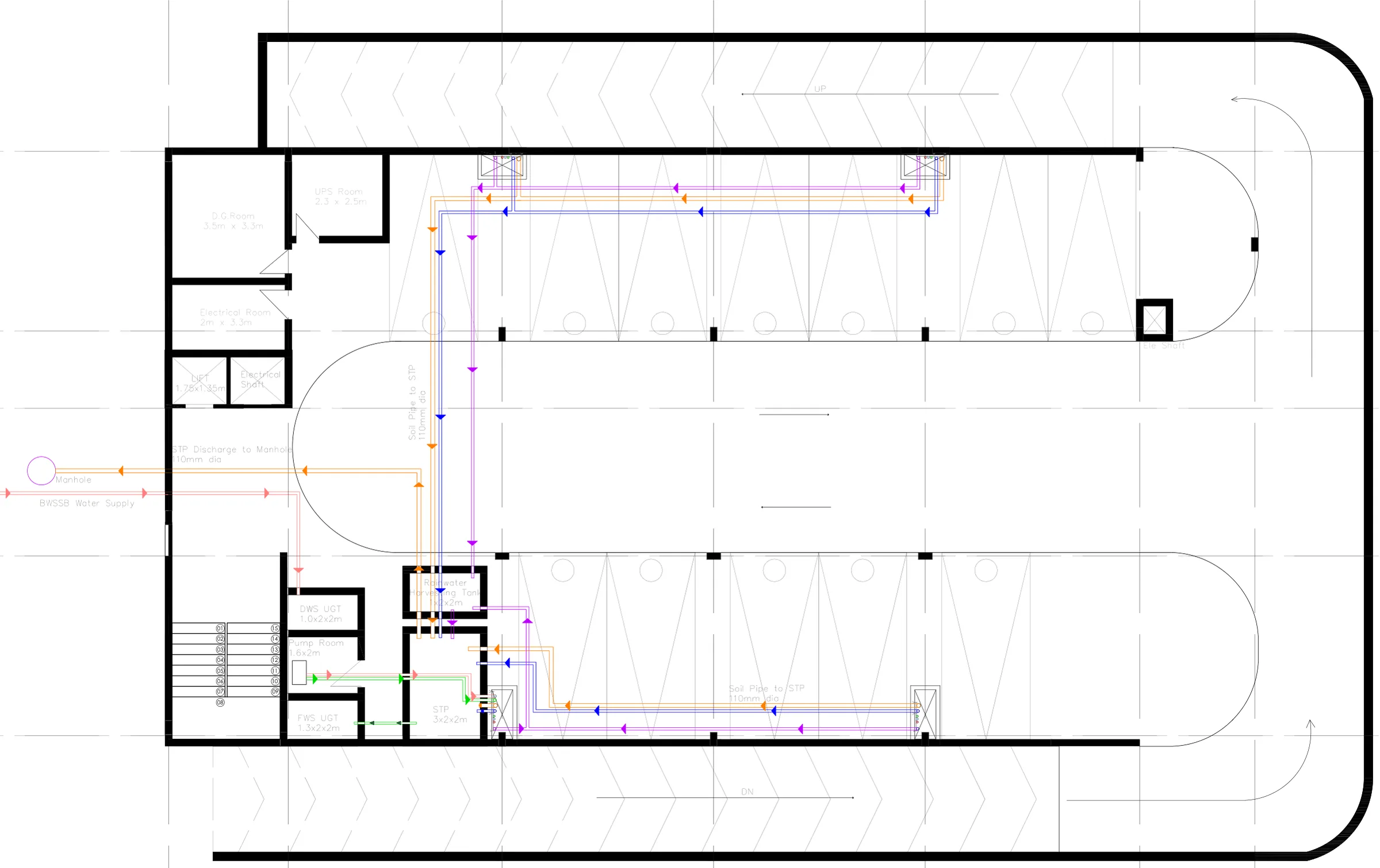 Basement plumbing plan (Semester 7): car park ramps, the services core and colour-coded supply and drainage runs to the sumps.