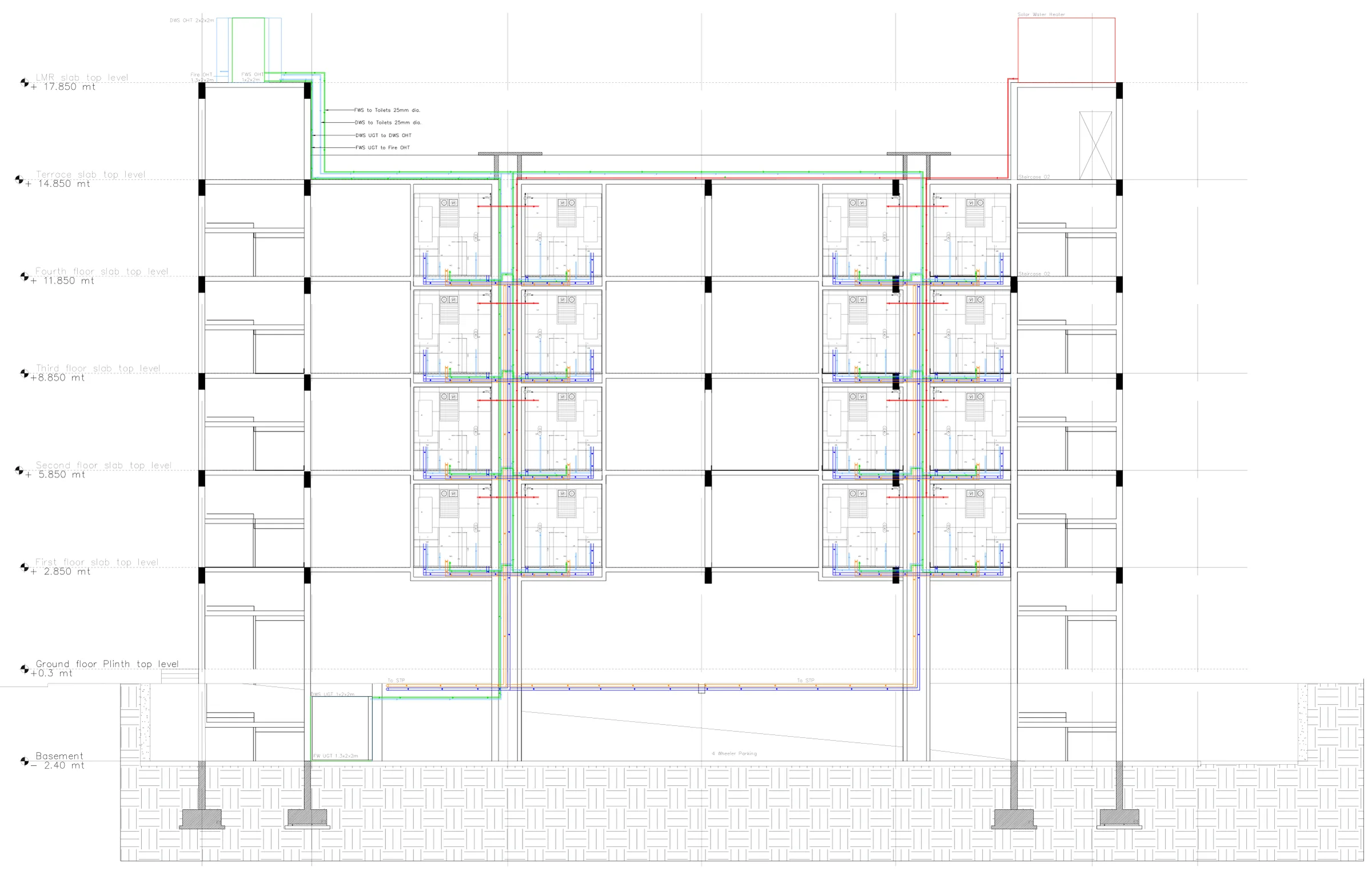 Plumbing section through the whole block: overhead tanks, solar water heater, stacked toilets and stacks down to the basement.