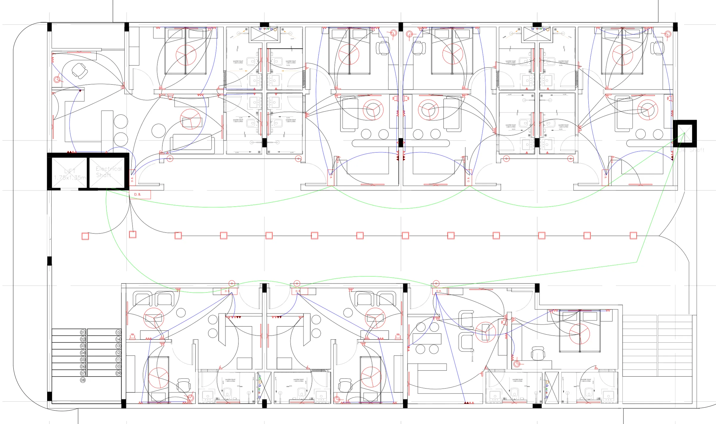 Typical floor electrical layout: switch boards, sockets, lights and fans in each unit with wiring to switches and sockets.