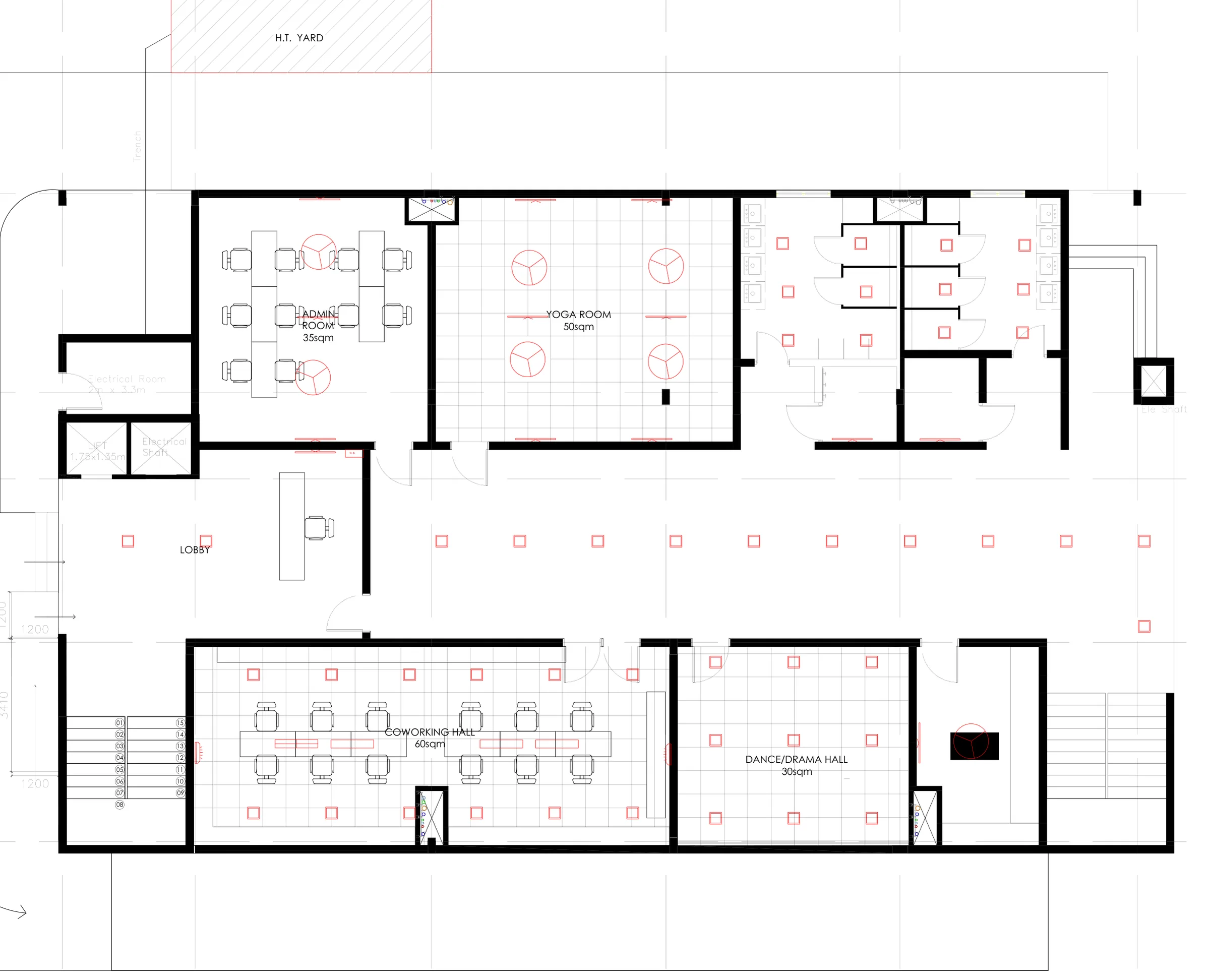 Ground floor reflected ceiling plan: admin room, yoga room, coworking hall and dance/drama hall with ceiling grids, panel lights and fans.