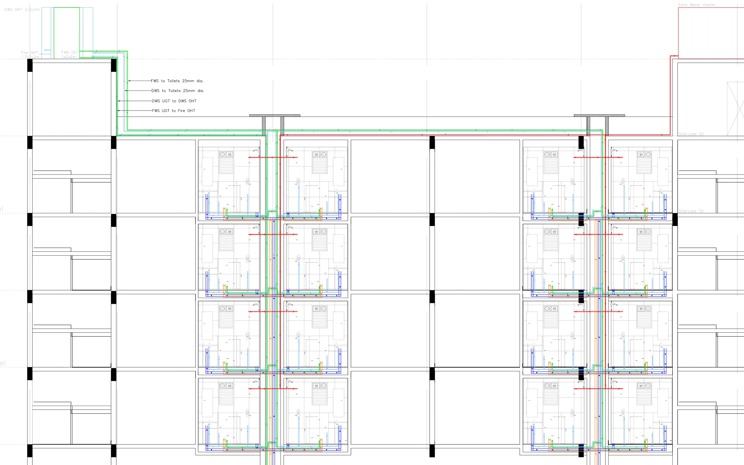 Plumbing section through a five-storey housing block: stacked toilets on every floor with colour-coded flush, domestic and hot water supply lines and drainage stacks running down the shafts (Working Drawings 2, Semester 7).