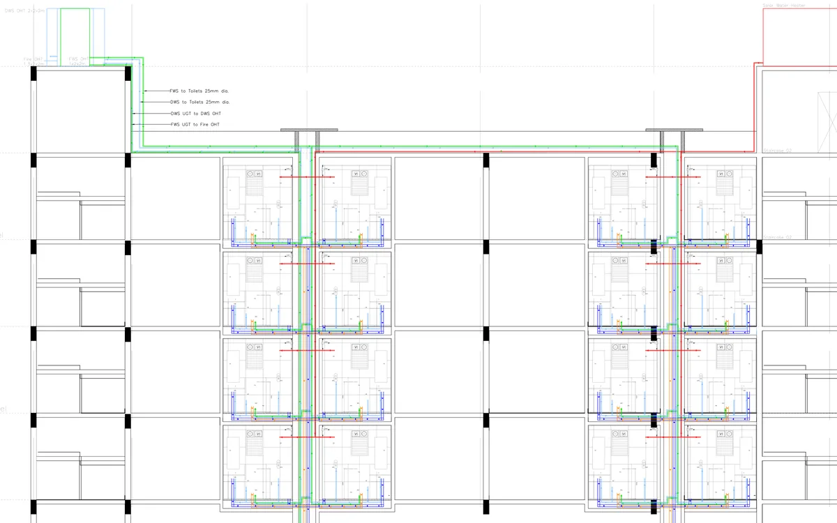 Plumbing section through a five-storey housing block: stacked toilets on every floor with colour-coded flush, domestic and hot water supply lines and drainage stacks running down the shafts (Working Drawings 2, Semester 7).